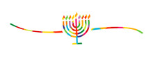 Hanukkah Menorah Colored Stained Glass, Hand Drawn Divider Shape. Hanukka Colorful Candelabrum Icon With Eight Branches And Line On White Background. Vector Illustration