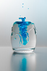 Poster - Vertical shot of a glass of water with splashes and blue paint