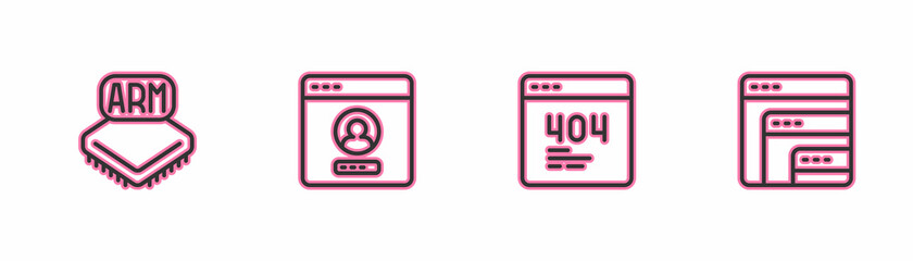Set line Processor, Page with a 404 error, Create account screen and Software icon. Vector