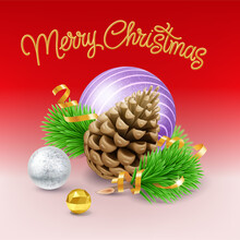 Christmas Card On A Red Background With A Composition Of A Branch From A Christmas Tree, Pine Cones And Toys And A Gold Ribbon. Merry Christmas And Happy New Year Greetings Concept