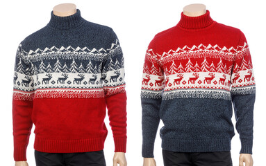 Wall Mural - Blue and red knitted Christmas turtleneck sweater of traditional design with moose or elk ornament (aka Ugly Sweater) on a mannequin isolated on a white background