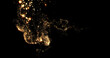 Leinwandbild Motiv Gold flow and golden glitter smoke particles background, shimmer glow or dust light spray. Golden fragrance flow effect with magic glitter fluid sparkles and shine gleaming flares