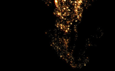 Poster - Golden light flow trail, wave of sparkling gold particles flow, background. Gold glitter stream effect, abstract magic dust glow and fluid flares shine