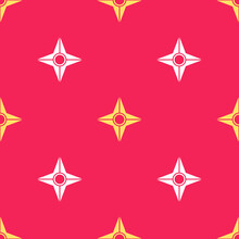 Yellow Japanese ninja shuriken icon isolated seamless pattern on red background. Vector