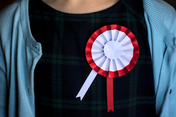 A cotillion in the national colors of Poland, pinned to the girl's navy blue dress.