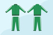 Green tracksuit editable vector template, flat design. A set of bright green sports jacket with pants, featuring white stripes on the sides of garment.