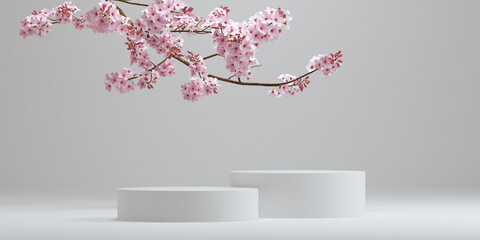 Wall Mural - cosmetic background. japanese style podium and cherry blossom white background for product presentat