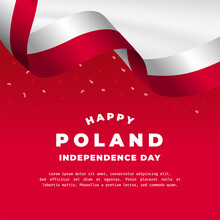 Square Banner Illustration Of Poland Independence Day Celebration. Waving Flag And Hands Clenched. Vector Illustration.