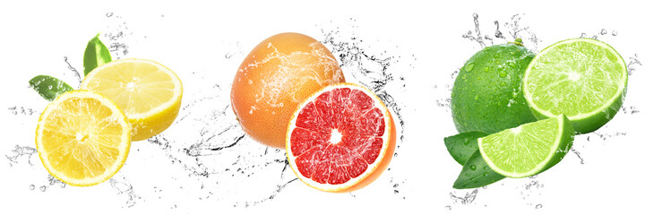Wall Mural - Fresh Fruits with water splash with drops on isolated white background. Lemon, Lime and Grapefruit. Explosion of fresh and juicy citrus fruits.