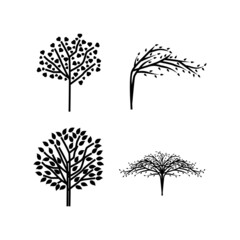 collection decorative vector tree silhouette in autumn with brown leaves and wind