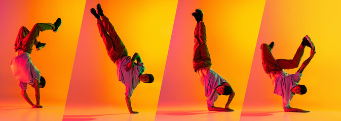 Wall Mural - Collage with young sportive man, break dance, hip hop dancer practicing in casual clothes isolated over gradient pink yellow background