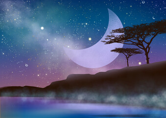 Sticker - Illustration of the lake and a tree under the purple and blue night sky with stars and the moon