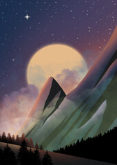 Poster - Illustration of mountains surrounded by a forest under the purple nigh sky with a full moon