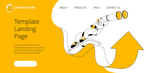 Aufkleber - A man in a business suit is surfing on the phone using the arrow from the sales schedule. The concept of a vector template for the first screen of the landing page.