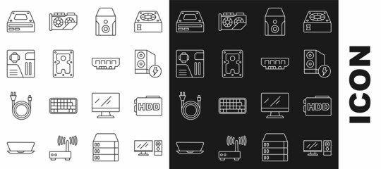 Set line Computer monitor, Hard disk drive HDD, Case of computer, Uninterruptible power supply, Motherboard digital chip, Optical disc and RAM, random access memory icon. Vector