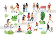 © bioraven - People in park. Men and women crowd walking in summer park. Vector set characters
