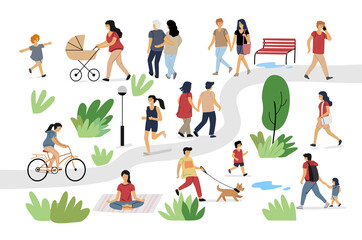 People in park. Men and women crowd walking in summer park. Vector set characters