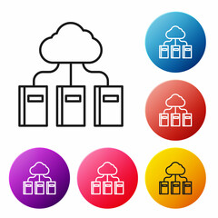 Poster - Black line Cloud or online library icon isolated on white background. Internet education or distance training. Set icons colorful circle buttons. Vector Illustration