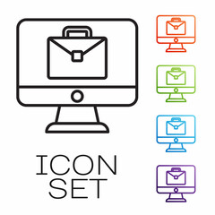 Poster - Black line Online working icon isolated on white background. Freelancer man working on laptop at his house. Remote work. Distant job concept. Set icons colorful. Vector