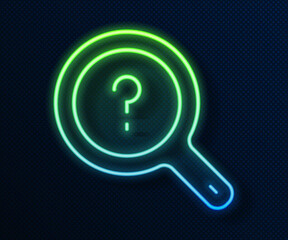 Poster - Glowing neon line Unknown search icon isolated on blue background. Magnifying glass and question mark. Vector