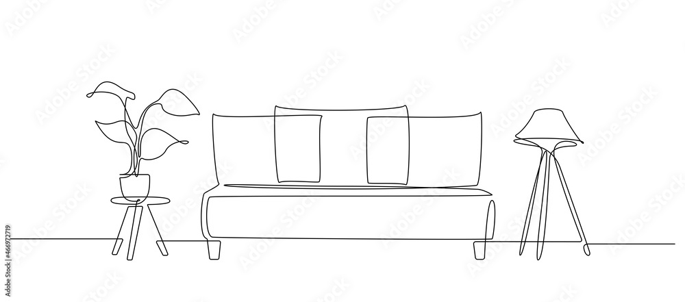 Continuous one line drawing of sofa and loft lamp and table with plant ...