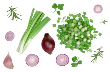 Wall Mural - Sliced green onions isolated on white, top view