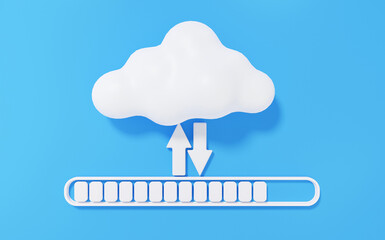 Poster - 3D status Loading bar hosting technology transfer information on blue background Minimal cartoon cute smooth. Cloud storage concept. 3d render illustration