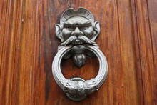 Vintage Brass Door Knocker On An Old Door, Italy, Rome