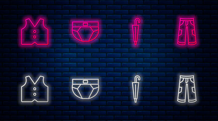 Sticker - Set line Men underpants, Umbrella, Waistcoat and Pants. Glowing neon icon on brick wall. Vector