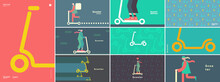 Scooter. Delivery. Electric Scooter. Big Set. Collection Of Vector Illustrations. Simple, Flat Design. Patterns And Backgrounds. Perfect For Poster, Cover, Banner.