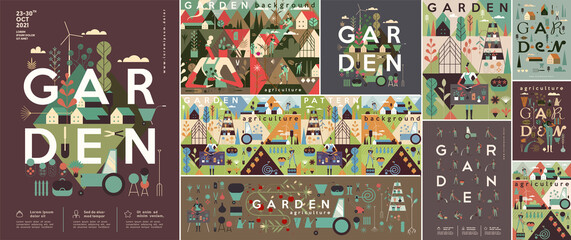 Wall Mural - Garden. People are working in the garden. Big set. Collection of vector illustrations. Simple, flat design. Patterns and backgrounds. Perfect for poster, cover, banner.