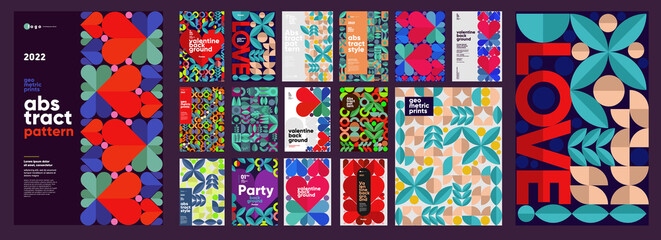 valentine's day. mosaic, abstract postcards. big set. collection of vector illustrations. simple, fl