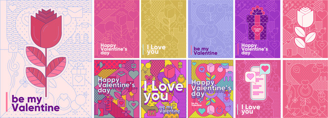 Valentine's day. Linear style. Big set. Collection of vector illustrations. Simple, flat design. Patterns and backgrounds. Perfect for poster, cover, banner.