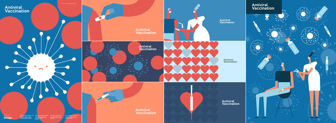 Vaccine. Coronavirus vaccination. Big set. Collection of vector illustrations. Simple, flat design. Patterns and backgrounds. Perfect for poster, cover, banner.