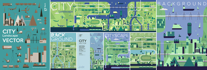 city landscape. big set. collection of vector illustrations. simple, flat design. patterns and backg