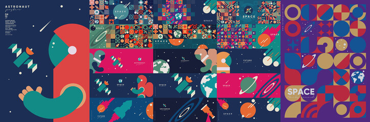 Wall Mural - space. astronaut. a spaceship. big set. collection of vector illustrations. simple, flat design. pat