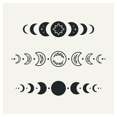 Wall Mural - moon phases set. through pattern on the black version of the phases. black and white vector illustra