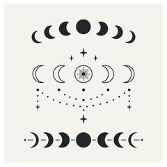 Wall Mural - set of black and white phases of the moon. celestial objects. trend vector illustration