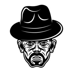 Wall Mural - Gangster man head in fedora hat with bristle. Vector character illustration in vintage monochrome style isolated on white background