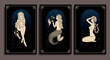 Zodiac signs collection. Mystical silhouettes. Astrological symbols. Illustrations of naked women. Mysterious images in the starry sky. Mythical characters. The element of the signs of the zodiac.