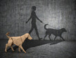Illustration that raises issues related to the protection of stray animals. Origami figurine of a dog that casts the shadow of a girl walking a dog. Search for its owner. 3d illustration