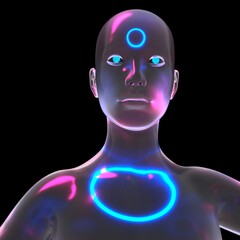 Aufkleber - 3D illustration of an futuristic-looking bald woman with a neon circle in the forehead. Concept of the Artificial intelligence and robot.