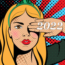 Sexy Pop Art Woman With Hand On Face. Background In Comic Style Retro Pop Art. Invitation To A Party. Face Close-up. Happy New Year 2022.