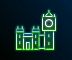 Sticker - Glowing neon line Big Ben tower icon isolated on black background. Symbol of London and United Kingdom. Colorful outline concept. Vector