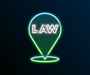 Sticker - Glowing neon line Location law icon isolated on black background. Colorful outline concept. Vector