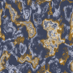 Navy blue yellow marbled seamless texture. Irregular color ink blotched paint effect background. Marble irregular swirl allover print. Modern trendy wallpaper tile