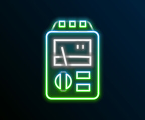 Poster - Glowing neon line Dosimeter for measuring radiation icon isolated on black background. Gamma radiation personal dosimeter. Colorful outline concept. Vector