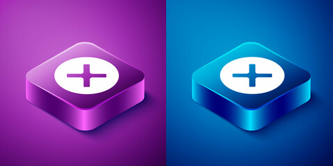 Sticker - Isometric X Mark, Cross in circle icon isolated on blue and purple background. Check cross mark icon. Square button. Vector