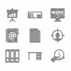 Poster - Set File document, Office desk, Clock, Head hunting concept, folders, Address book, Monitor with text work and Chalkboard diagram icon. Vector