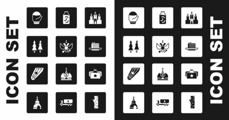 Sticker - Set Church building, National emblem of Russia, Christmas tree, mitten, Medovik, Pickled cucumbers jar, Ushanka and Kankles icon. Vector